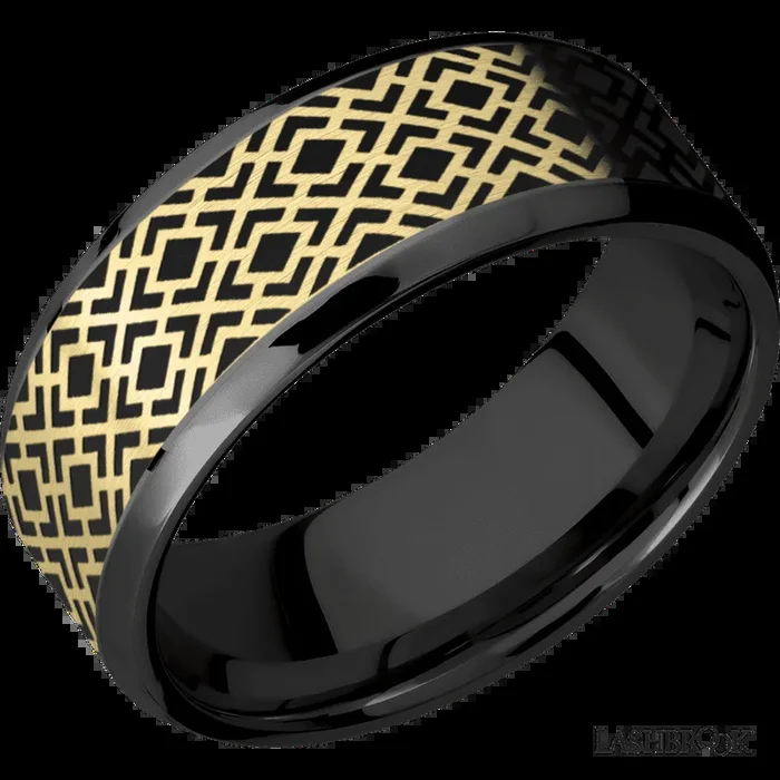 8 mm wide/Beveled/Zirconium band with one 6 mm Centered inlay of 14K Yellow Gold with a laser carved Trellis 2 pattern.