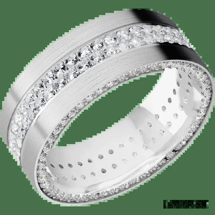 8 mm wide/Flat/14K White Gold band with a Side Eternity arrangement of 01 carat Round Diamond stones in a Bead Channel setting and featuring a a 2 Row Eternity arrangement of 015 carat Round Diamond stones in a Bead Channel setting