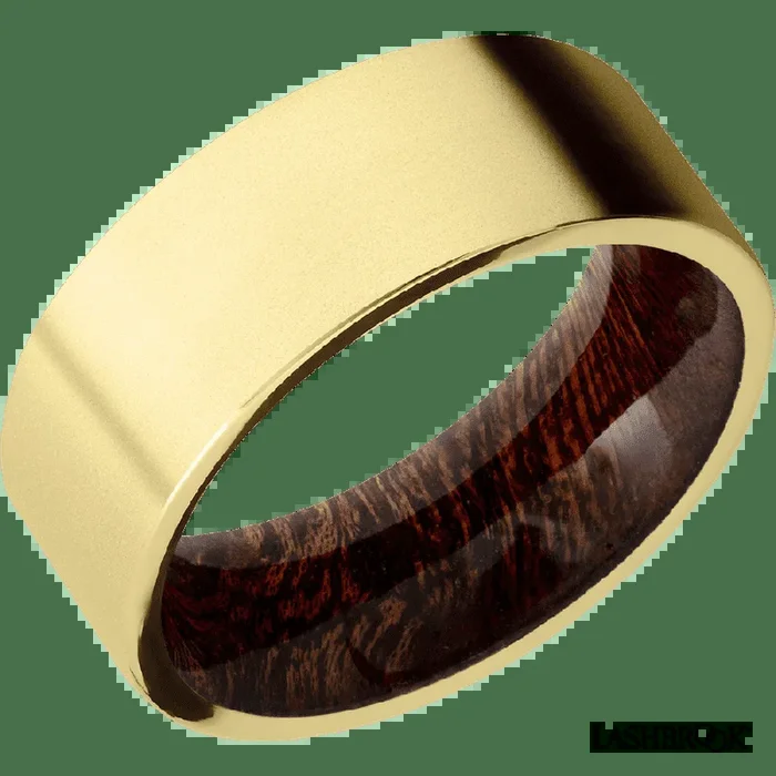 8 mm wide Flat 14K Yellow Gold band featuring a Sapele sleeve