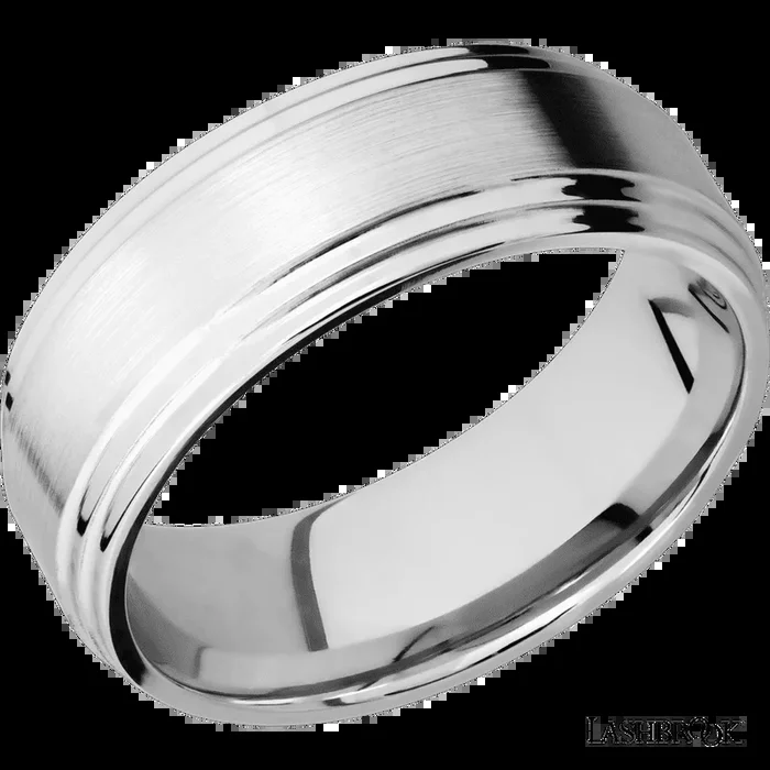 8 mm wide Flat Double Stepped Edges 14K White Gold band.