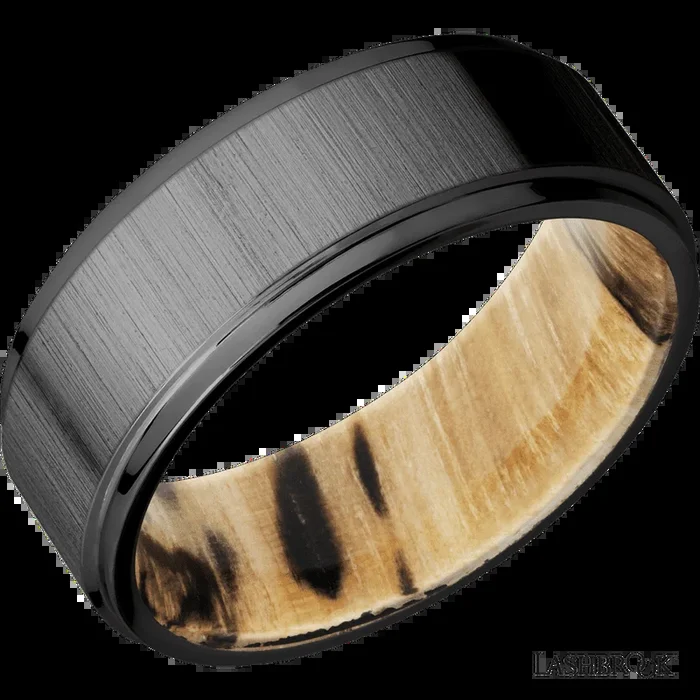 8 mm wide Flat Grooved Edges Zirconium band featuring a Spalted Tamarind sleeve.
