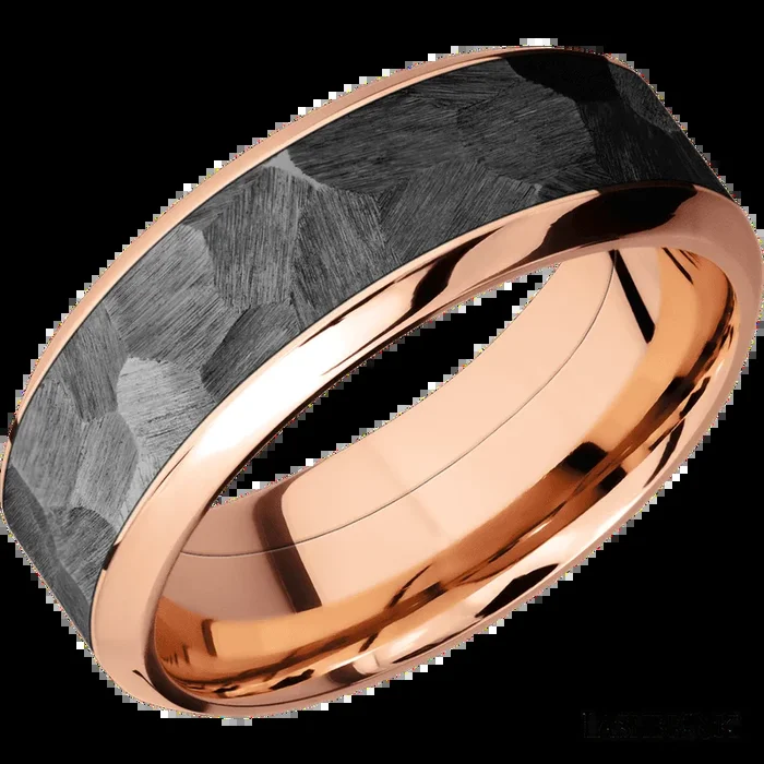 8 mm wide/High Bevel/14K Rose Gold band with one 5 mm Centered inlay of Zirconium.
