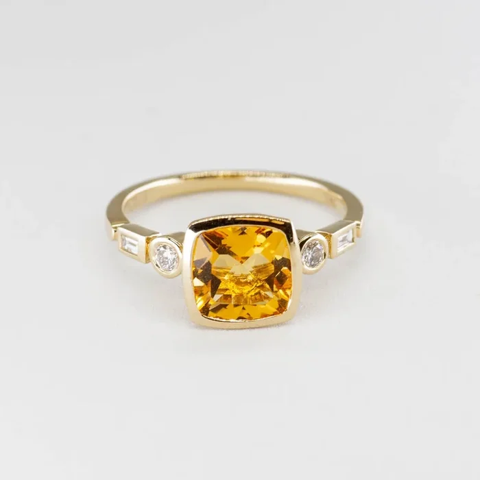 ‘Effy’ Cushion Cut Citrine and Diamond Ring | 1.50ct 0.18ctw | SZ 7 |