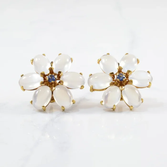 ‘Wordley, Allsopp, and Bliss’ Moonstone & Sapphire Clip On Earrings | 0.2ctw, 24ctw |