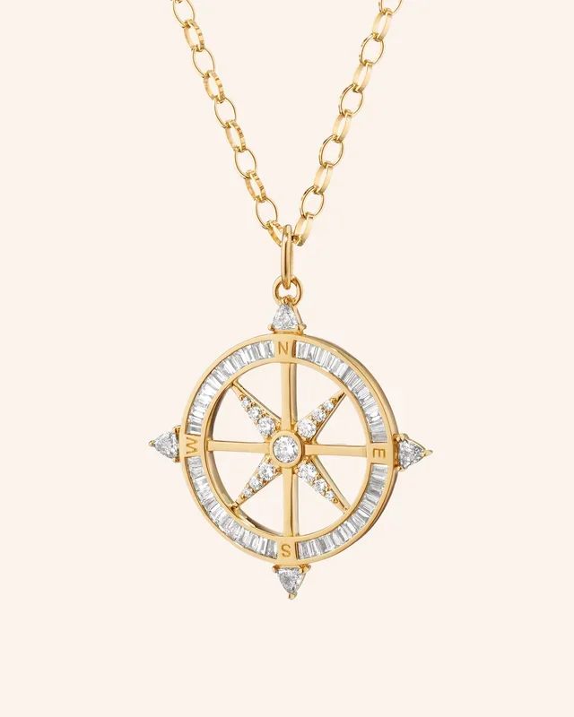“Adventure” Compass Necklace with Baguette Diamonds