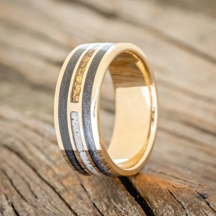 “AMBROSE” – DARK MAPLE WOOD, ANTLER & GOLD NUGGETS WEDDING BAND