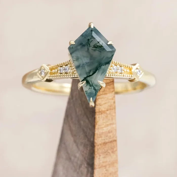 “ANNORA” – KITE CUT MOSS AGATE ENGAGEMENT RING WITH DIAMOND ACCENTS – 14K YELLOW GOLD – SIZE 7
