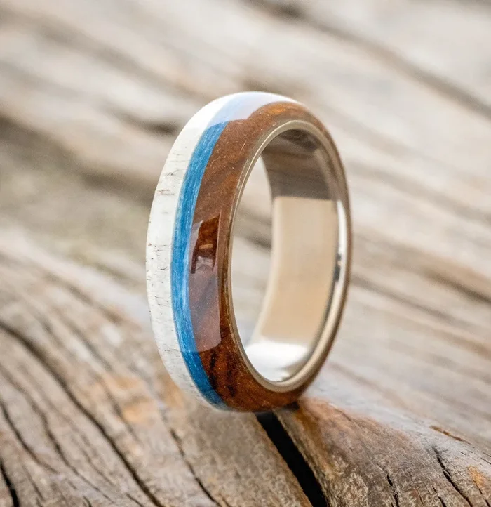 “ARGOS” – IRONWOOD, ANTLER & BLUE FISHING LINE WEDDING BAND