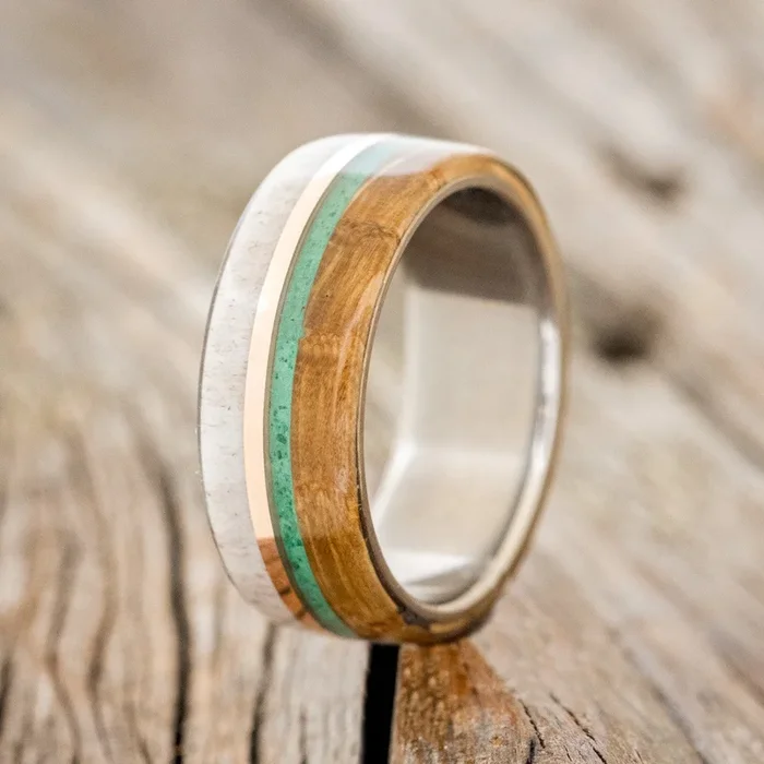 “ARGOS” – WHISKEY BARREL OAK, MALACHITE, ANTLER & 14K GOLD INLAY WEDDING BAND