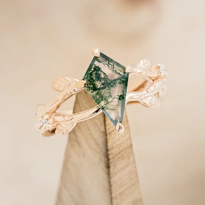 “ARTEMIS ON THE VINE” – KITE CUT MOSS AGATE ENGAGEMENT RING WITH DIAMOND ACCENTS – READY TO SHIP