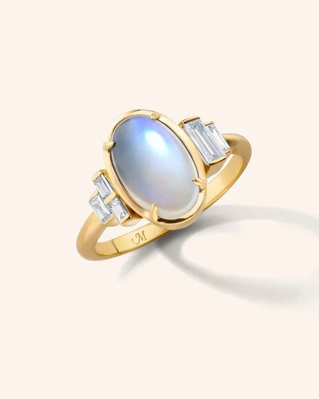 “Aurora” – Special Edition Rainbow Moonstone Ring with Baguette Diamonds
