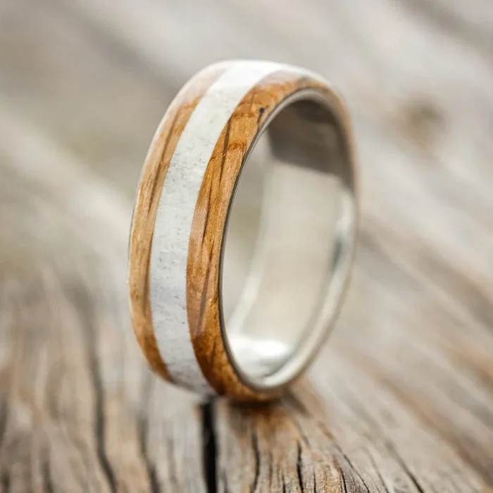 “CANYON” – WHISKEY BARREL OAK & ANTLER WEDDING BAND – READY TO SHIP