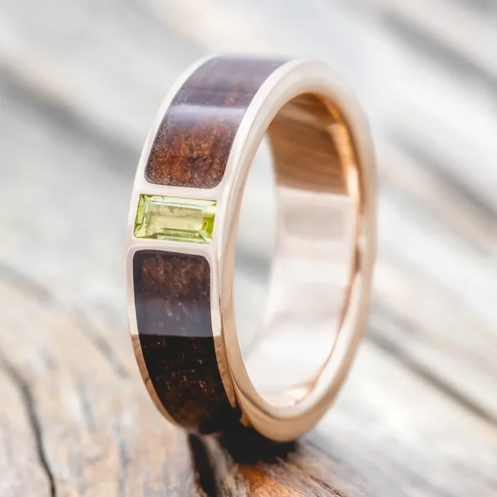 “CASPIAN” – KOA WOOD WEDDING RING WITH PERIDOT ACCENT