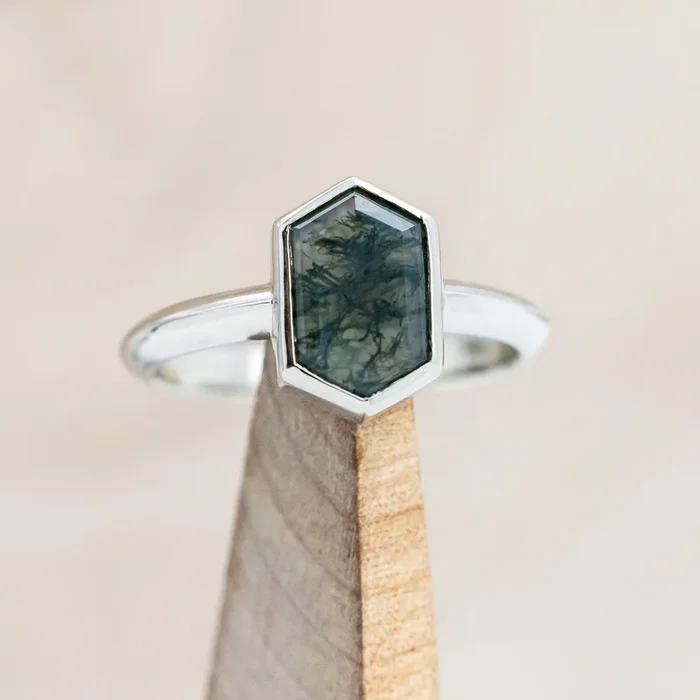 “CORA” – ELONGATED HEXAGON CUT MOSS AGATE SOLITAIRE ENGAGEMENT RING