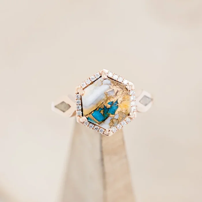“CRAZY ON YOU” – HEXAGON CUT SPINY OYSTER TURQUOISE ENGAGEMENT RING WITH DIAMOND HALO & FIRE AND ICE OPAL INLAYS