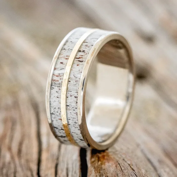 “DYAD” – ANTLER & HAMMERED 14K GOLD INLAY WEDDING BAND