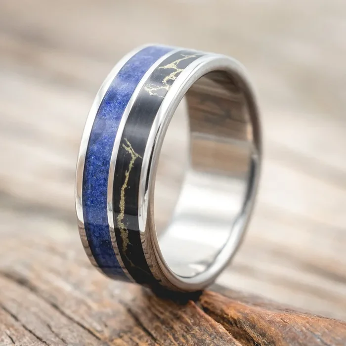 “DYAD” – LAPIS LAZULI WITH BLACK & GOLD MATRIX TRUSTONE WEDDING BAND