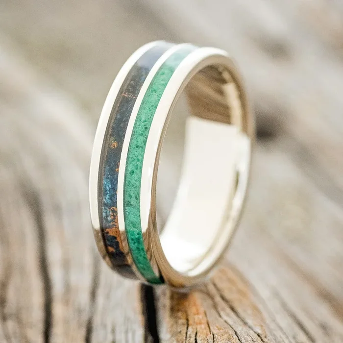 “DYAD” – MALACHITE & PATINA COPPER WEDDING RING FEATURING A 14K GOLD BAND