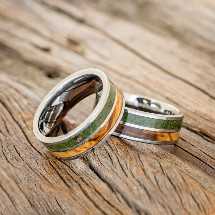 “DYAD” – MATCHING SET OF DRIFTWOOD & MOSS WEDDING BANDS