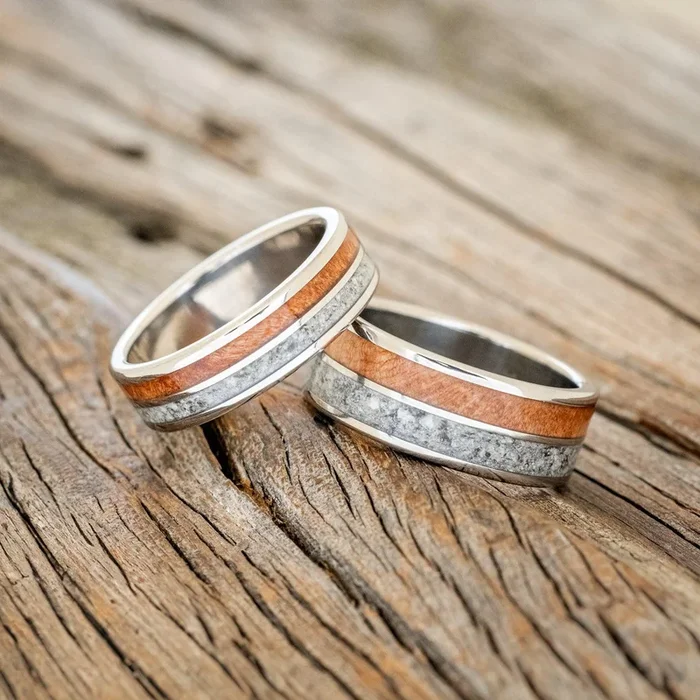 “DYAD” – MATCHING SET OF GRANITE & REDWOOD WEDDING BANDS