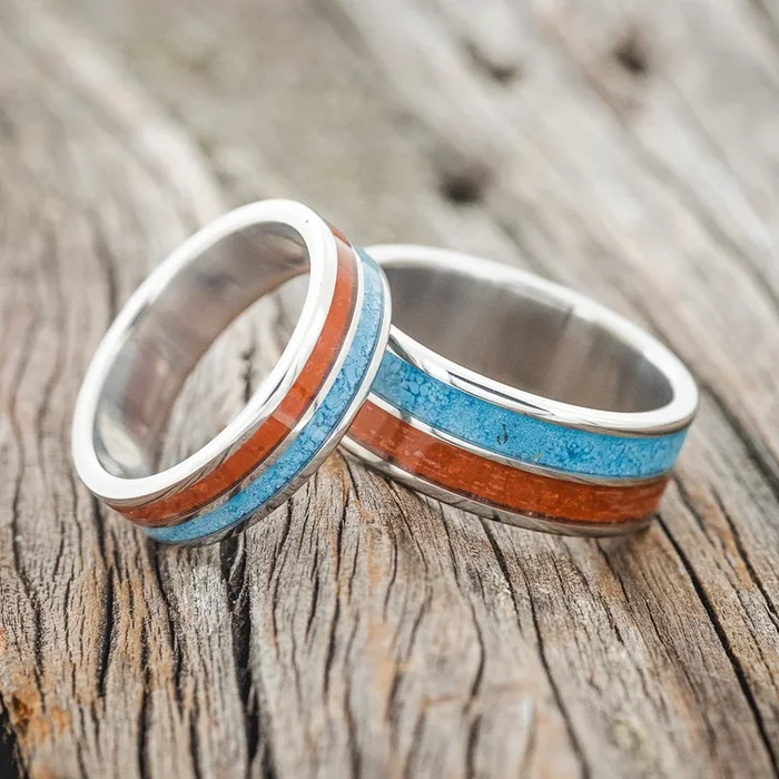 “DYAD” – MATCHING SET OF RED JASPER & TURQUOISE WEDDING BANDS