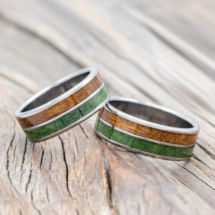 “DYAD” – MATCHING SET OF WHISKEY BARREL OAK & MOSS WEDDING BANDS