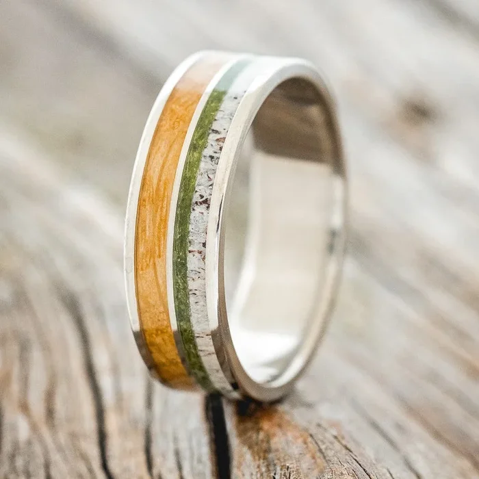 “DYAD” – MOSS, ANTLER & WHISKEY BARREL OAK WEDDING BAND