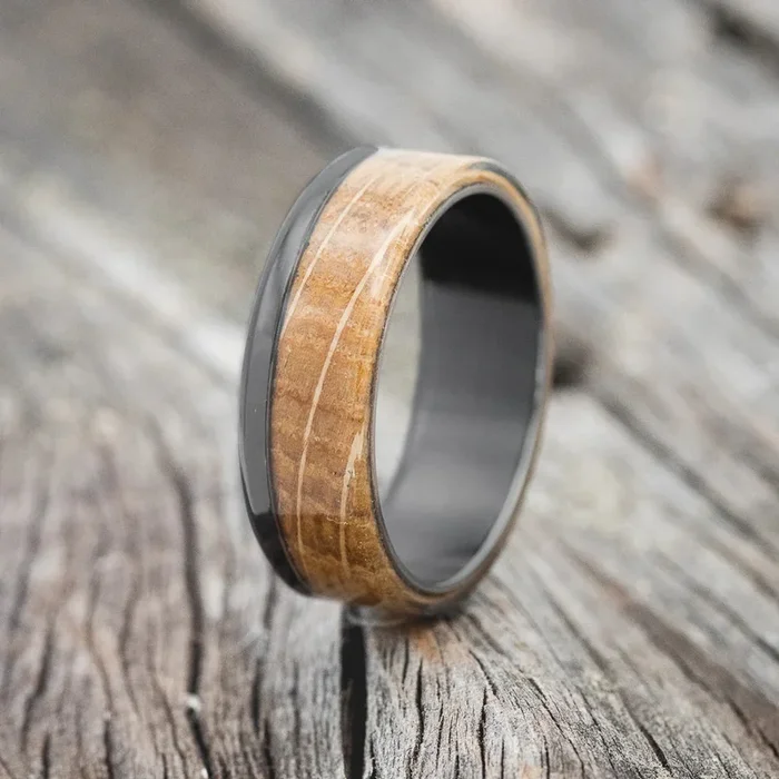 “EZRA” – WHISKEY BARREL OAK WEDDING BAND – BLACK ZIRCONIUM – SIZE 8