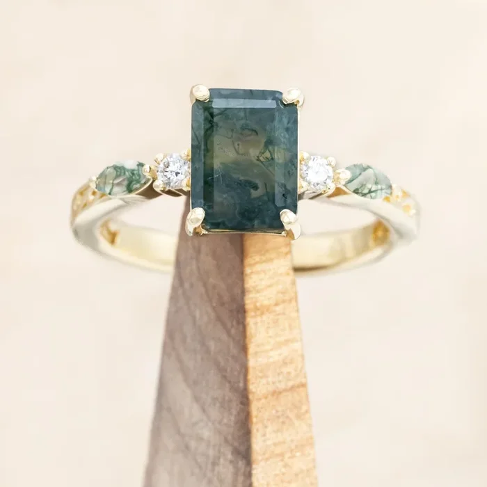 “HELENA” – EMERALD CUT MOSS AGATE & FILIGREE ENGAGEMENT RING WITH DIAMOND & MOSS AGATE ACCENTS