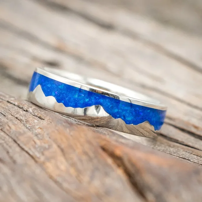 “HELIOS” – BLUE OPAL & 14K GOLD MOUNTAIN RANGE WEDDING BAND