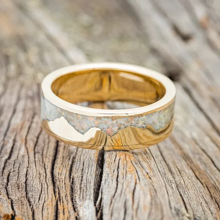 “HELIOS” – CRUSHED FIRE & ICE OPAL WEDDING BAND – 14K YELLOW GOLD – SIZE 7 3/4