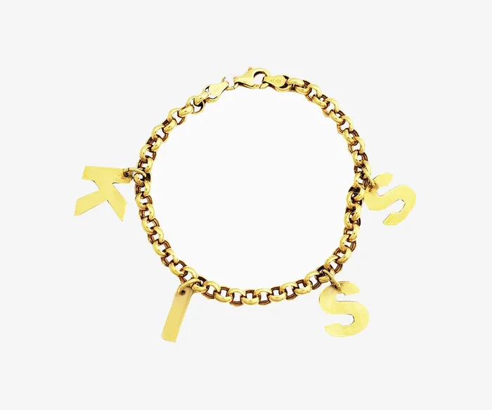 “KISS” Rolo Charm Bracelet (14K).