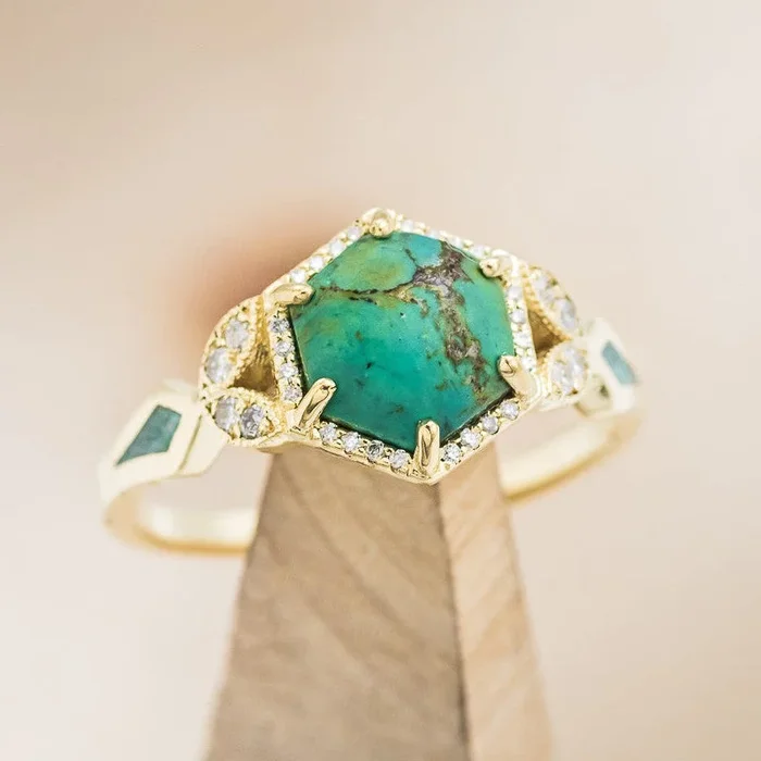 “LUCY IN THE SKY” – HEXAGON CABOCHON CUT TURQUOISE ENGAGEMENT RING WITH DIAMOND ACCENTS & MALACHITE INLAYS