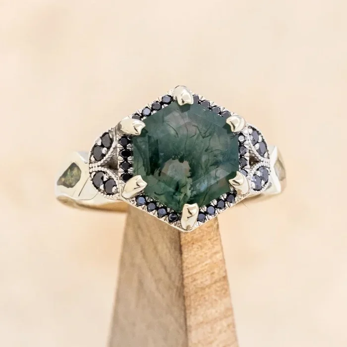 “LUCY IN THE SKY” – HEXAGON CUT MOSS AGATE ENGAGEMENT RING WITH DIAMOND HALO & MOSS INLAYS IN 14K WHITE GOLD – READY TO SHIP