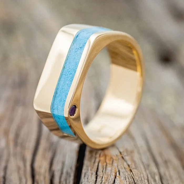 “MOSI” – FLAT TOP WEDDING BAND WITH A TURQUOISE INLAY & SIDE SET AMETHYST ACCENTS