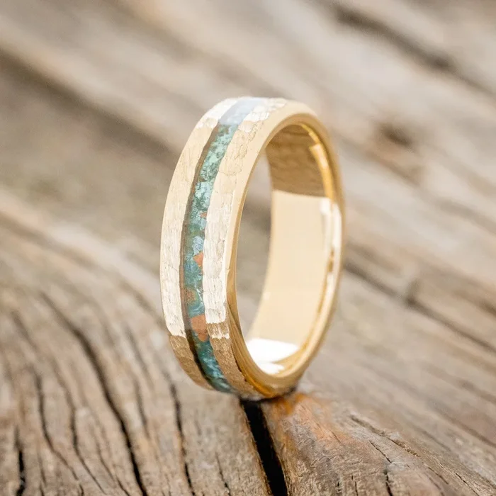 “NIRVANA” – CENTERED PATINA COPPER WEDDING RING FEATURING A HAMMERED 14K GOLD BAND