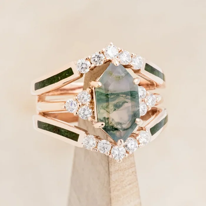 “OCTAVIA” – ELONGATED HEXAGON CUT MOSS AGATE ENGAGEMENT RING WITH DIAMOND ACCENTS & RING GUARD
