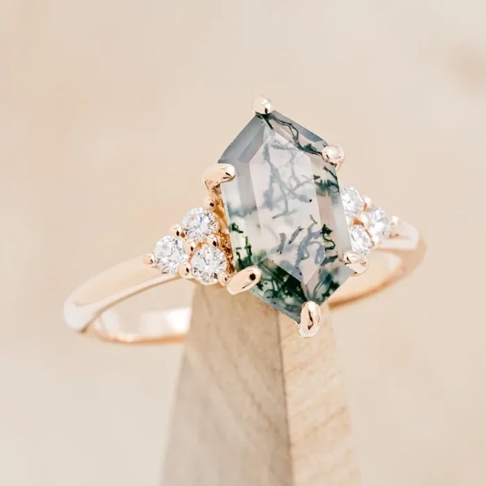 “OCTAVIA” – ELONGATED HEXAGON CUT MOSS AGATE ENGAGEMENT RING WITH DIAMOND ACCENTS – READY TO SHIP
