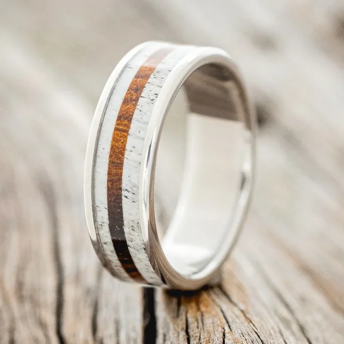 “RAINIER” – ANTLER & OFFSET IRONWOOD INLAY WEDDING BAND