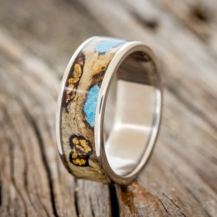 “RAINIER” – BUCKEYE BURL WOOD, GOLD NUGGETS & TURQUOISE WEDDING BAND