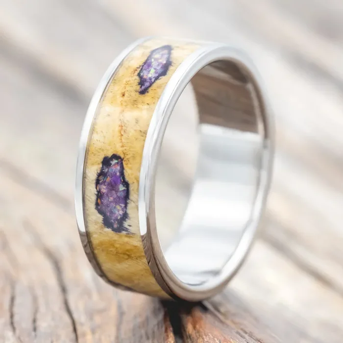 “RAINIER” – BUCKEYE BURL WOOD WITH SUGILITE & OPAL MIX WEDDING RING