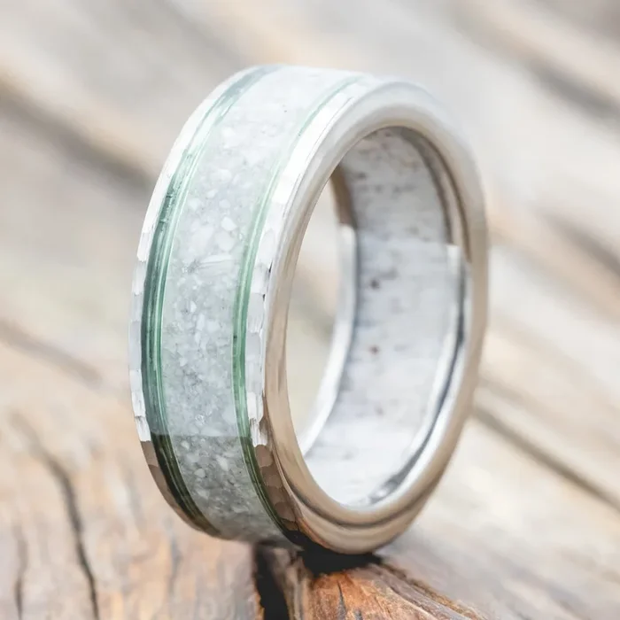 “RAINIER” – ELK IVORY & FISHING LINE WEDDING BAND WITH AN ANTLER LINING & A HAMMERED FINISH