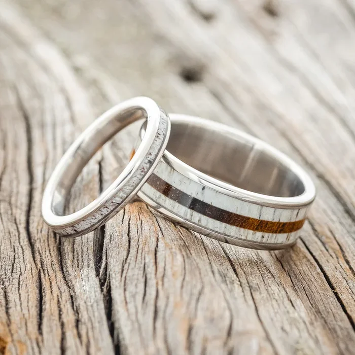“RAINIER” – MATCHING SET OF ANTLER & IRONWOOD WEDDING BANDS