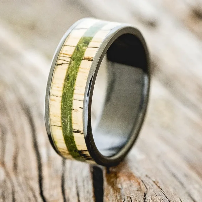 “RAINIER” – MOSS & SPALTED MAPLE WOOD WEDDING RING