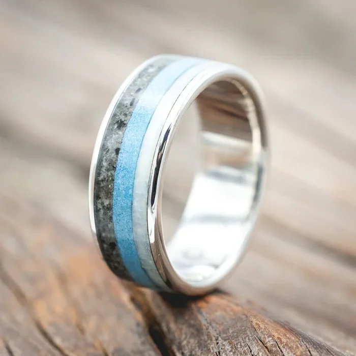 “RAINIER” – MOTHER OF PEARL, TURQUOISE & CRUSHED MOONSTONE WEDDING BAND