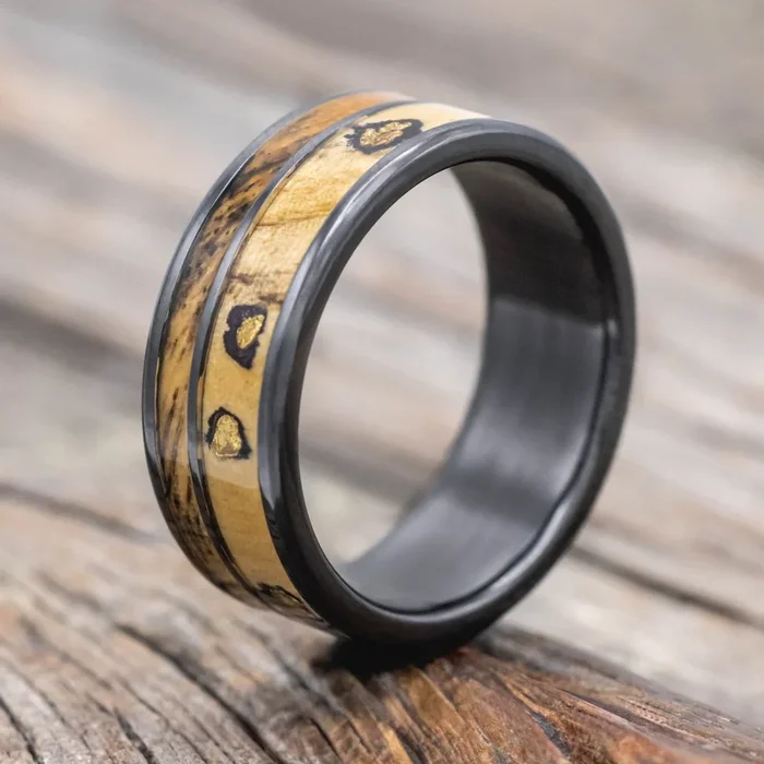 “RAPTOR” – ALASKAN PANNED GOLD NUGGETS SET IN BUCKEYE BURL & SPALTED MAPLE WOOD WEDDING RING