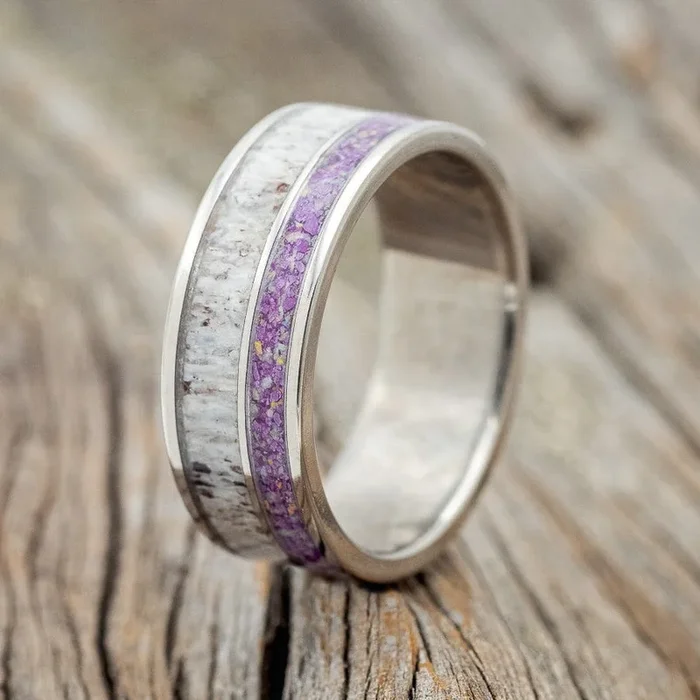 “RAPTOR” – ANTLER WITH SUGILITE & OPAL MIX WEDDING BAND