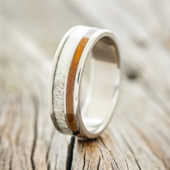 “RAPTOR” – IRONWOOD & ANTLER WEDDING BAND – READY TO SHIP