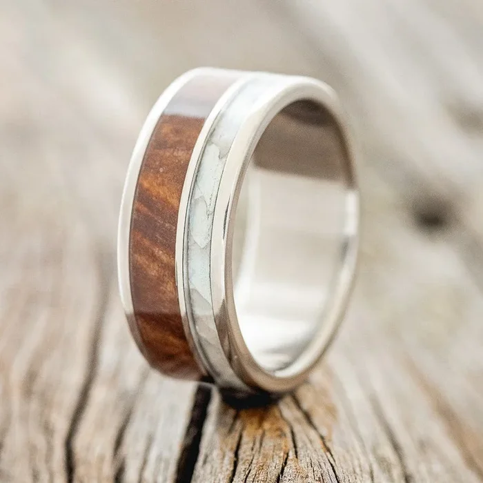 “RAPTOR” – MOTHER OF PEARL & REDWOOD WEDDING BAND
