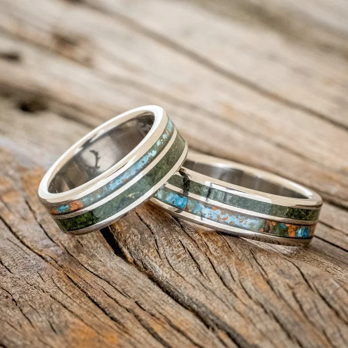 “RAPTOR” – PATINA COPPER WITH MOLDAVITE & MOSS MIX WEDDING MATCHING SET